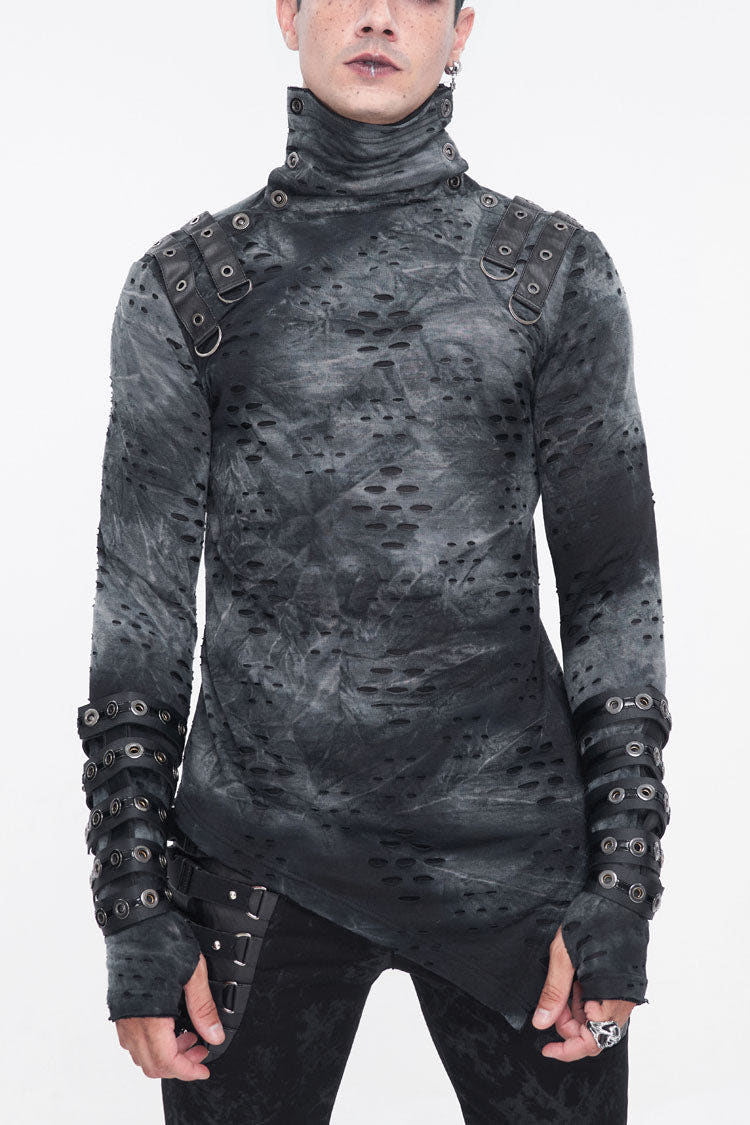 Grey/Black Lrregular Ripped Stand Collar Men's Punk Shirt - Grey/Black - 1
