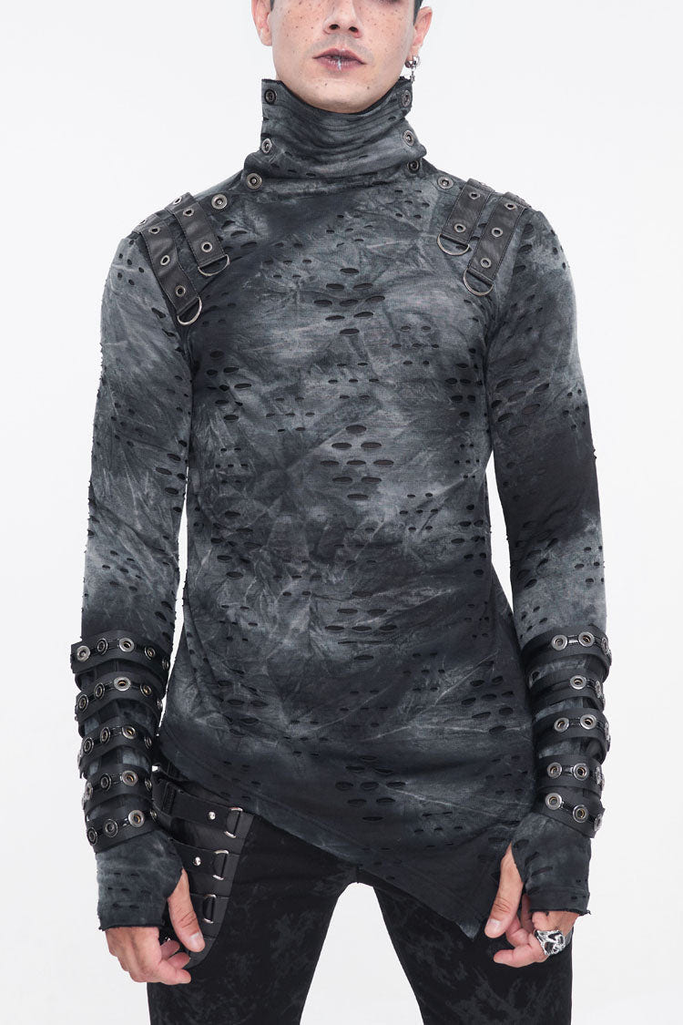Grey/Black Lrregular Ripped Stand Collar Men's Punk Shirt - Grey/Black - 1