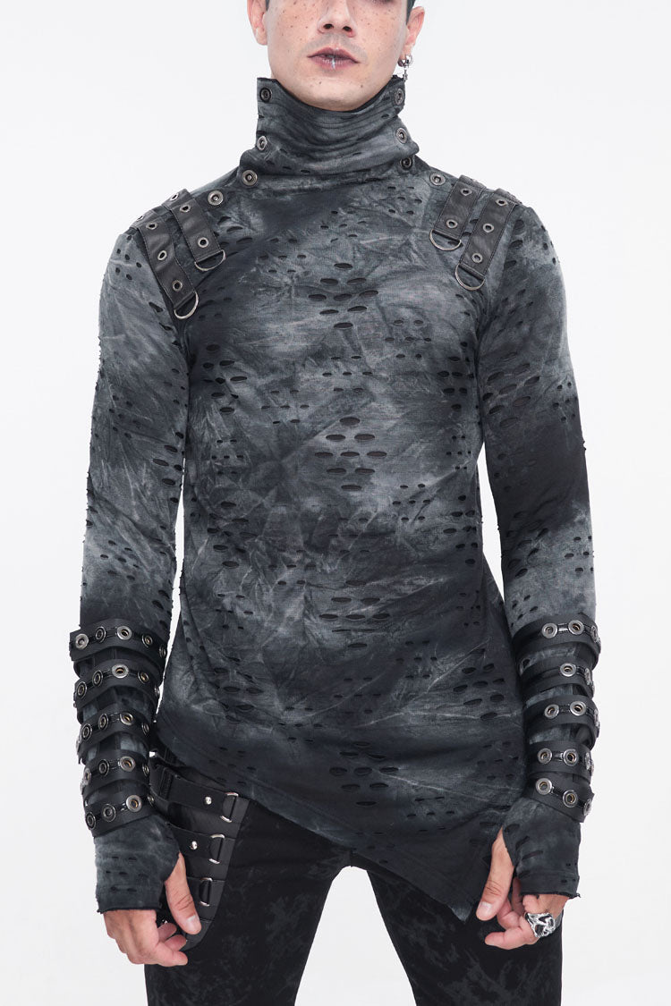 Grey/Black Lrregular Ripped Stand Collar Men's Punk Shirt - Grey/Black - 1