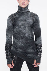 Grey/Black Lrregular Ripped Stand Collar Men's Punk Shirt - Grey/Black - 1