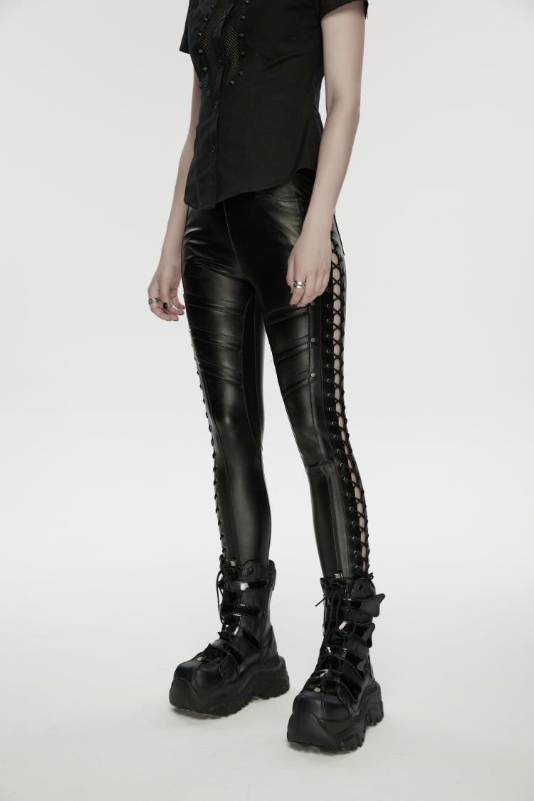 Black Studded Women's Punk  Drawstring Leggings - Product - 5
