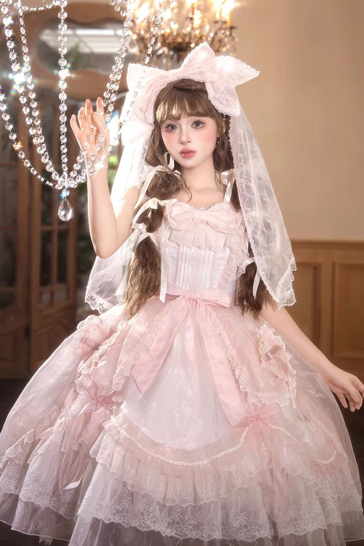 Pink [Candy Flavor] Square Collar Sleeveless Ruffled Bow Lace Sweet Gorgeous Lolita Jsk Dress - Product - 5
