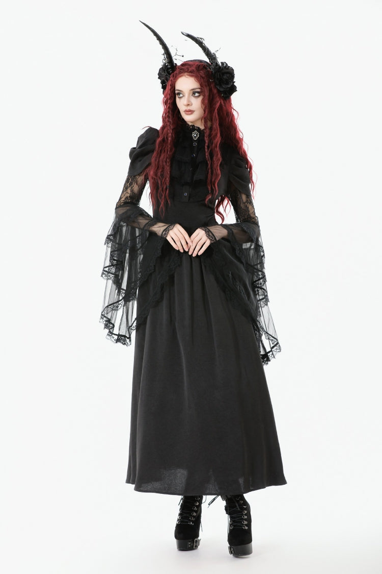 Black Stand Collar Trumpet Sleeves Multi-Layered Ruffled Lace Lace-Up Women's Gothic Wedding Dress - Product - 8