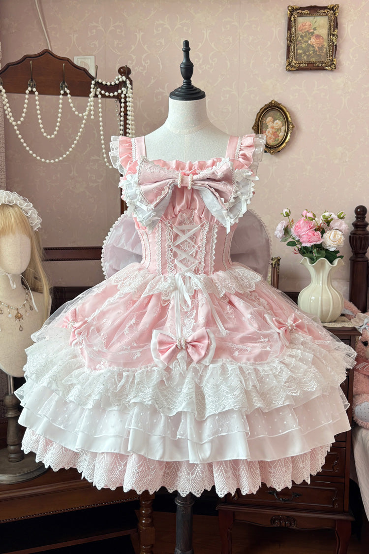 Pink Sleeveless Triple-Layered Ruffle Embroidery Bowknot Lace-Up Pearl Sweet Plus Size Lolita Jsk Dress - Pink - 1