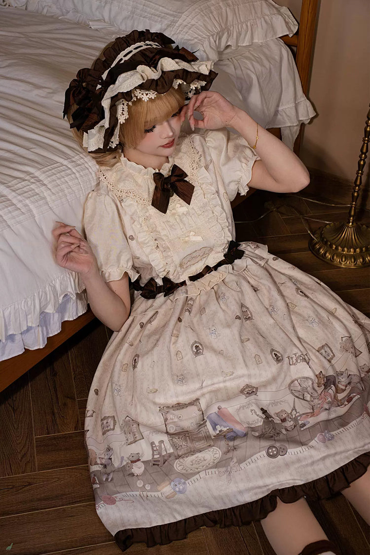 Ivory [Forest Tailor Shop] Stand Collar Short Sleeves Printed Ruffled Bow Sweet Lolita Dress - Product - 7