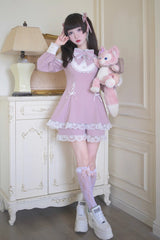 Pink/White [Divine love] Long Sleeves Hollow Bowknot Lace Lace-Up Sweet Jirai Kei Dress Shorts Set - Product - 4