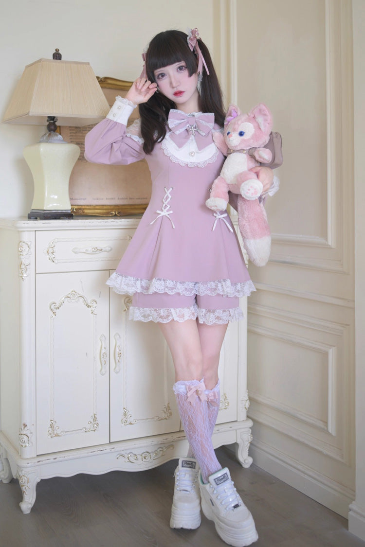 Pink/White [Divine love] Long Sleeves Hollow Bowknot Lace Lace-Up Sweet Jirai Kei Dress Shorts Set - Product - 4