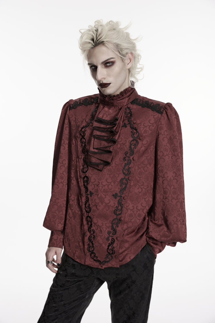 Red Stand Collar Long Lantern Sleeves Jacquard Embroidered  Men's Gothic Palace Shirt with Detachable Tie - Product - 6