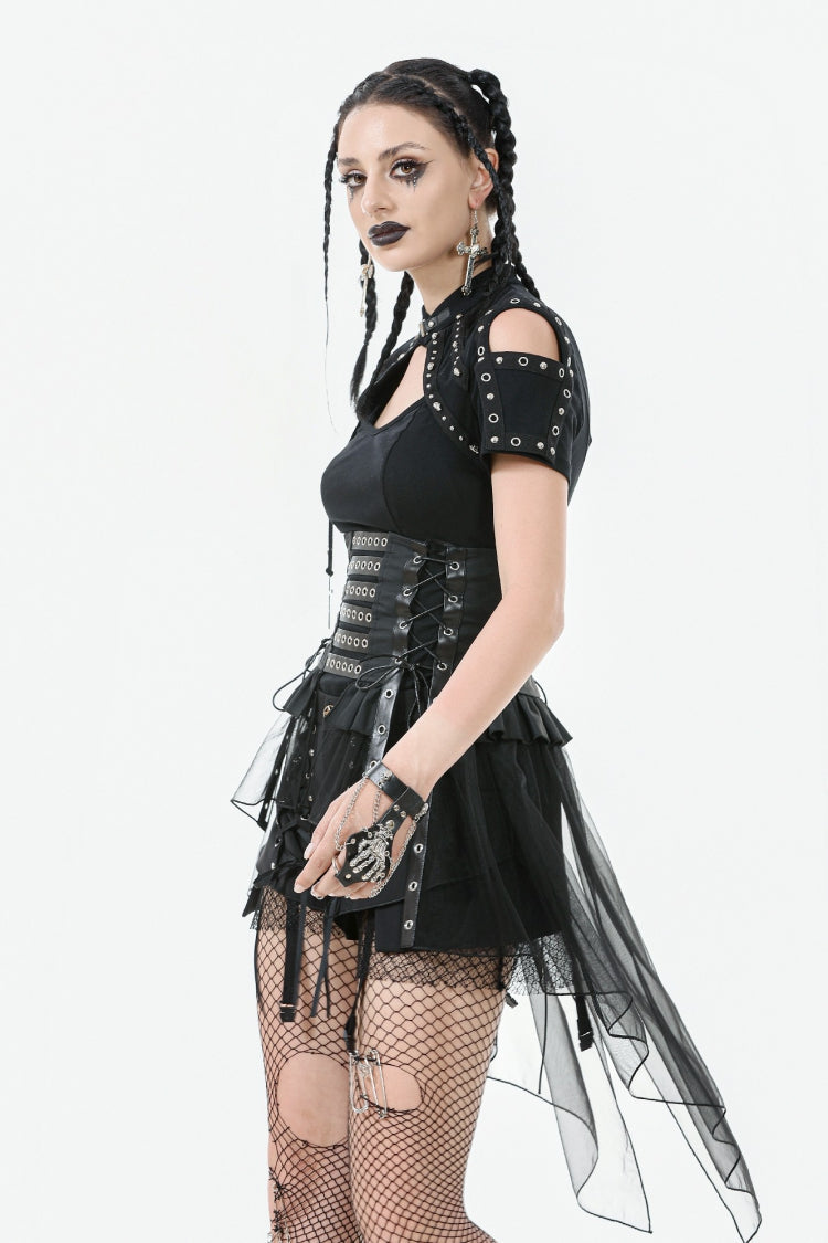 Black High Waisted Lace-Up High/low Mesh Women's Punk Skirt - Product - 8