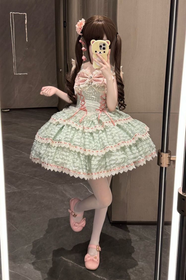 Green [Song of Floral Letters] Sleeveless Triple-Layered Bowknot Lace-Up Sweet Lolita Jsk Dress - Product - 2