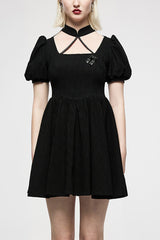 Black Halterneck Puff Sleeves Jacquard Women's Punk Dress - Black - 1