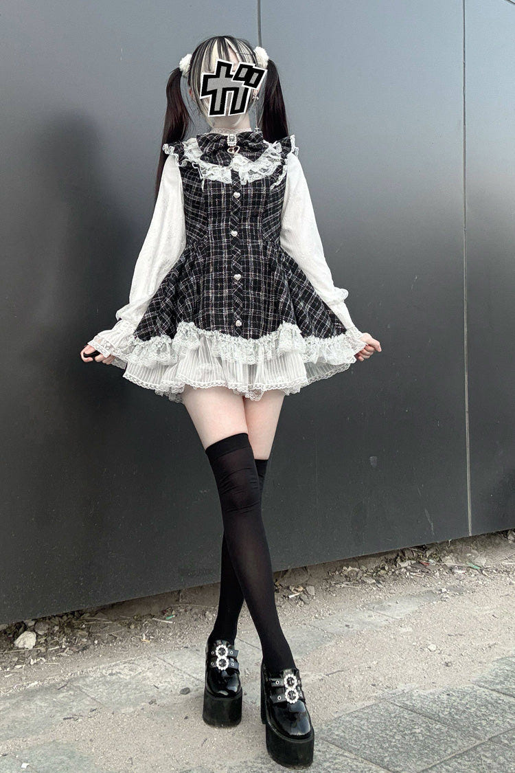 Black [Lunar Eclipse Doll] Long Sleeves Plaid Printed Ruffled Bow Lace Sweet Jirai Kei Japanese Dress Shorts Set - Product - 2