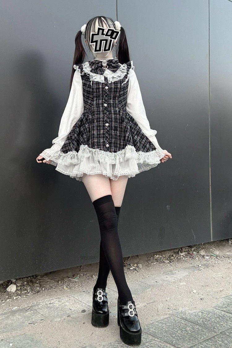 Black [Lunar Eclipse Doll] Long Sleeves Plaid Printed Ruffled Bow Lace Sweet Jirai Kei Japanese Dress Shorts Set - Product - 2