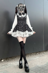 Black [Lunar Eclipse Doll] Long Sleeves Plaid Printed Ruffled Bow Lace Sweet Jirai Kei Japanese Dress Shorts Set - Product - 2