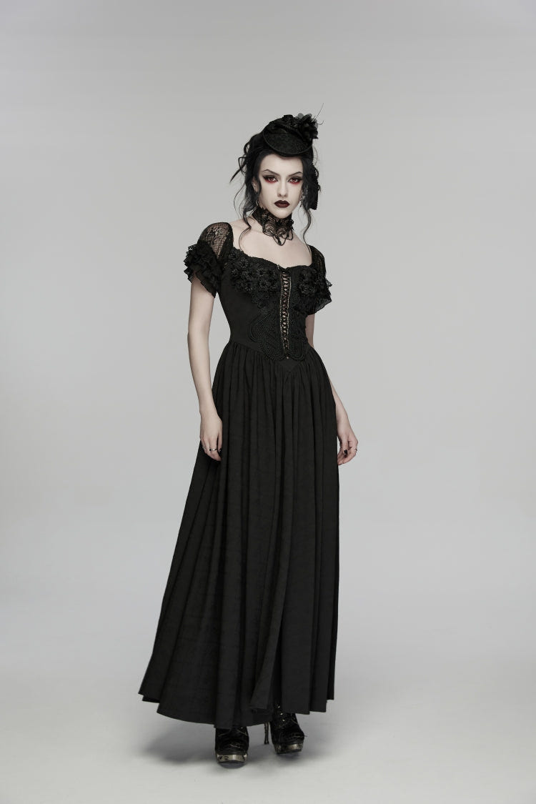 Black Off Shoulder Short Puff Sleeves Ruffled Hanayome Embroidered Lace Women's Gothic Elegant Gorgeous Dress - Product - 5