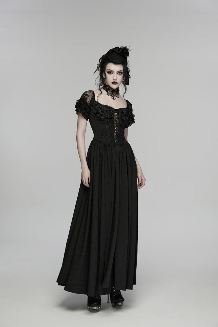 Black Off Shoulder Short Puff Sleeves Ruffled Hanayome Embroidered Lace Women's Gothic Elegant Gorgeous Dress - Product - 5