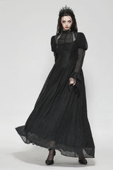 Black Women's Gothic Ruffled Stand Collar Long Puff Sleeves Spiderweb Splice Witch Maxi Dress - Product - 7