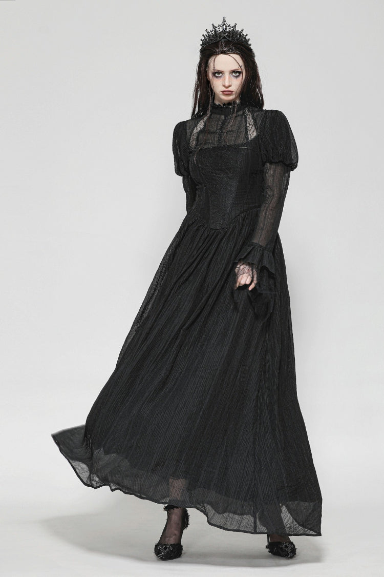 Black Women's Gothic Ruffled Stand Collar Long Puff Sleeves Spiderweb Splice Witch Maxi Dress - Product - 7