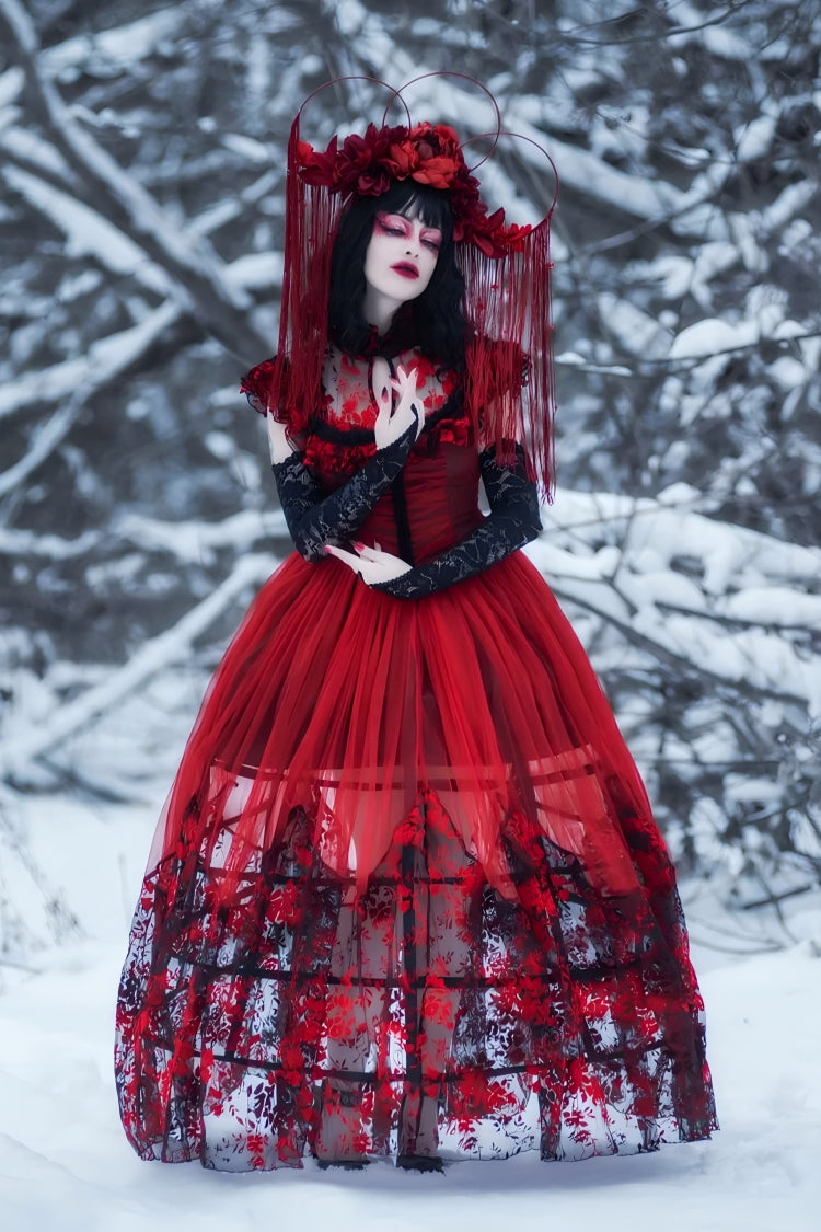 Black/Red Stand Collar Sleeveless Printed Hanayome Lace Lace-Up Women's Gothic Elegant Dress Wedding Dress - Product - 3