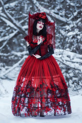 Black/Red Stand Collar Sleeveless Printed Hanayome Lace Lace-Up Women's Gothic Elegant Dress Wedding Dress - Product - 3
