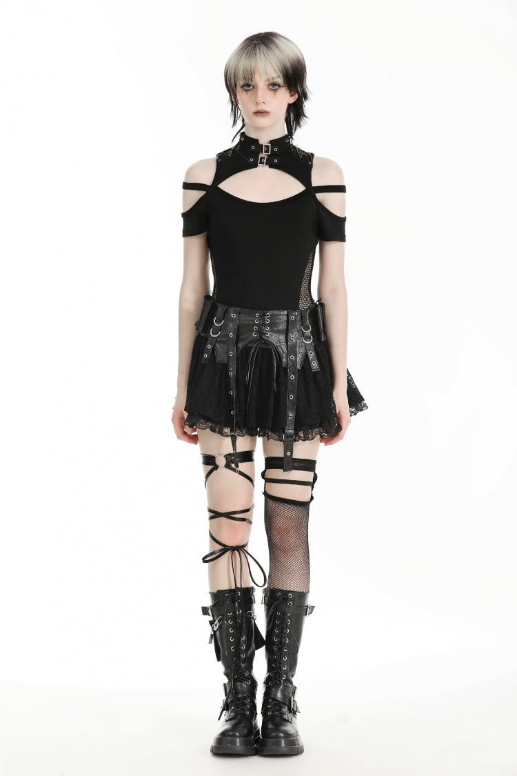 Black Faux Leather Spliced Lace Lace-Up Women's Punk Mini Skirt - Product - 5