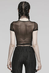 Black Short Sleeves Sheer Mesh Women's Punk Bodysuit - Product - 3