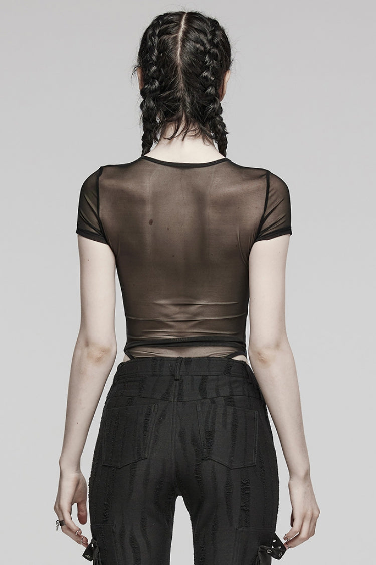 Black Short Sleeves Sheer Mesh Women's Punk Bodysuit - Product - 3