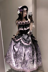 Black/Purple [Angel Garden] Sleeveless Print Ruffle Bowknot Lace Sweet Gothic Lolita Skirt Set - Product - 7