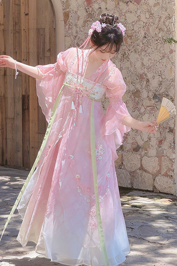 Pink Tang Dynasty V Collar High Waisted Embroidered Women's Daily Sweet Hanfu Dress Set - Product - 3