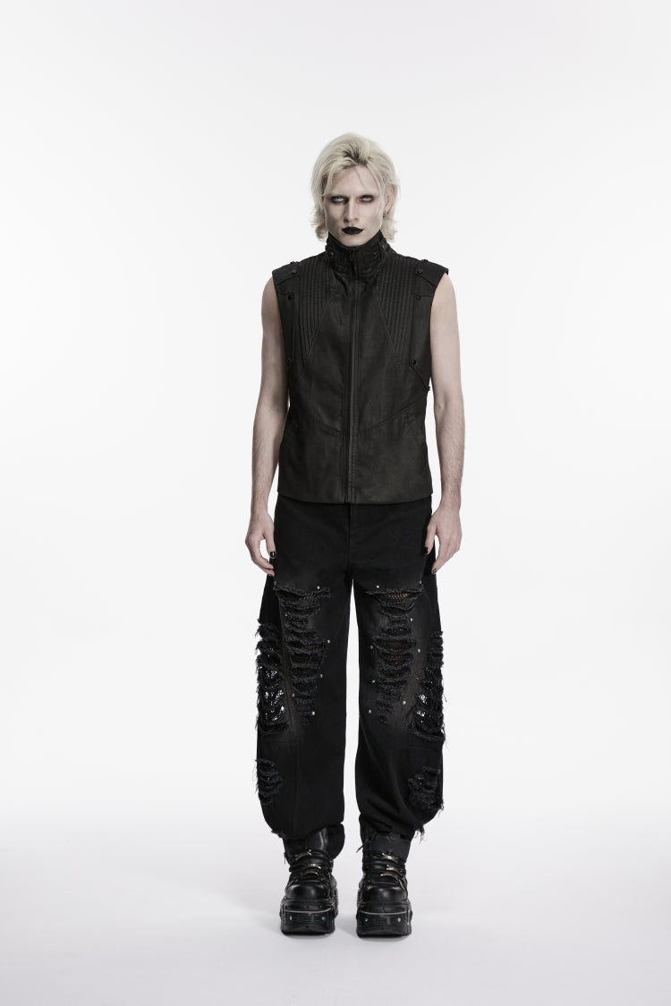 Black Irregular Mesh Ripped Studded Zippered Eyelet Men's Punk Handsome Cool Pants - Product - 2