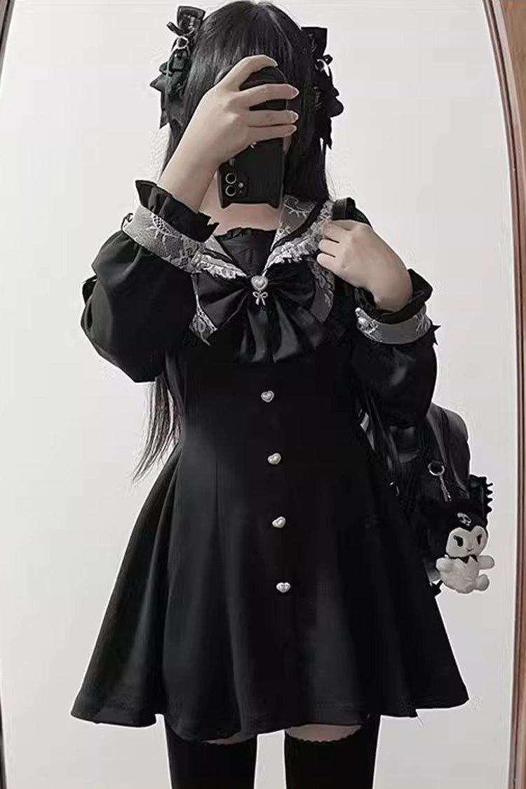 Black Long Sleeves Bowknot Stitching Lace Jirai Kei Japanese Dress Shorts Set - Product - 3