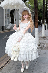 White [Eternal Floral Message] Square Collar Sleeveless Multi-Layered Hanayome Embroidered Bow Lace Sweet Lolita Jsk Dress - Product - 5