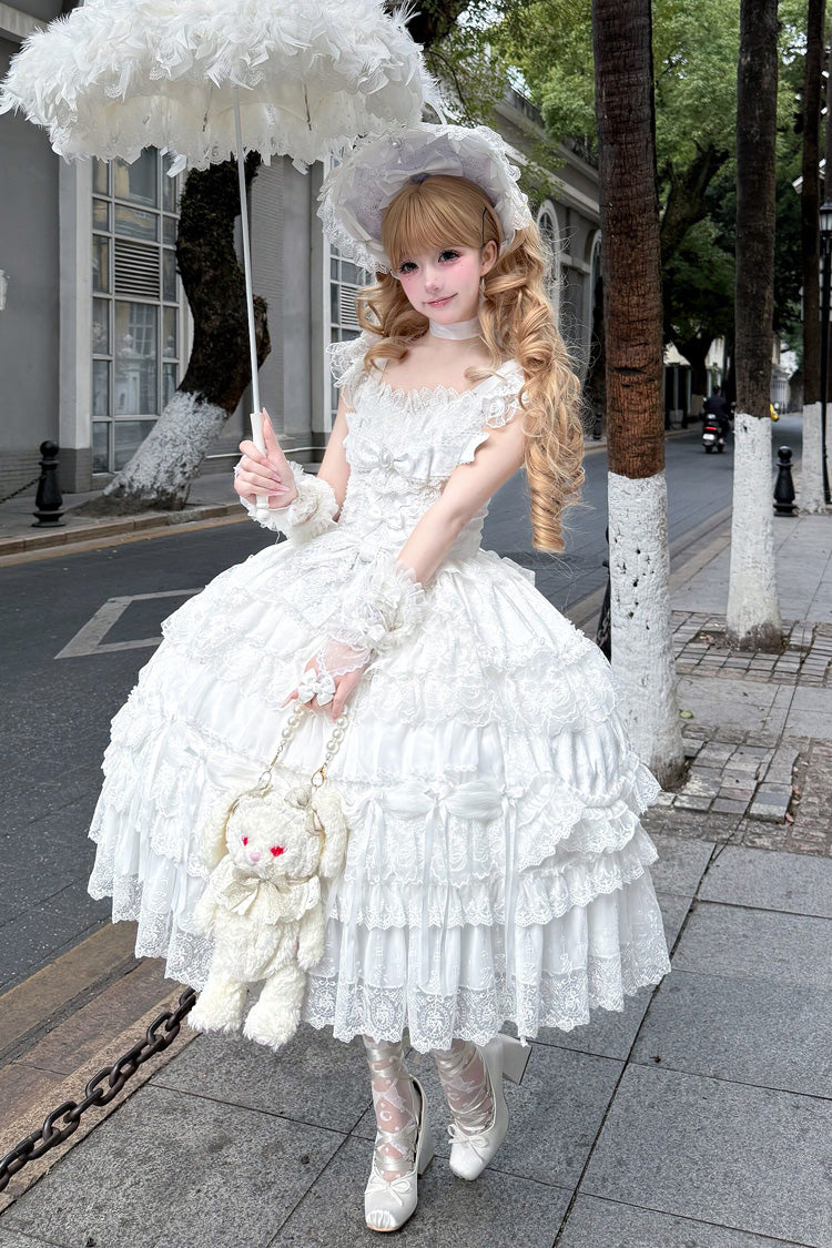 White [Eternal Floral Message] Square Collar Sleeveless Multi-Layered Hanayome Embroidered Bow Lace Sweet Lolita Jsk Dress - Product - 5