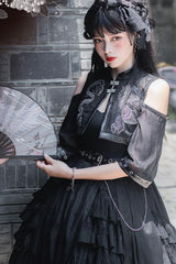 Dark Boat Neck Dragon Print Chinese Style High Waisted Multi-Layer Ruffled Gothic Lolita Jsk Dress - Product - 4
