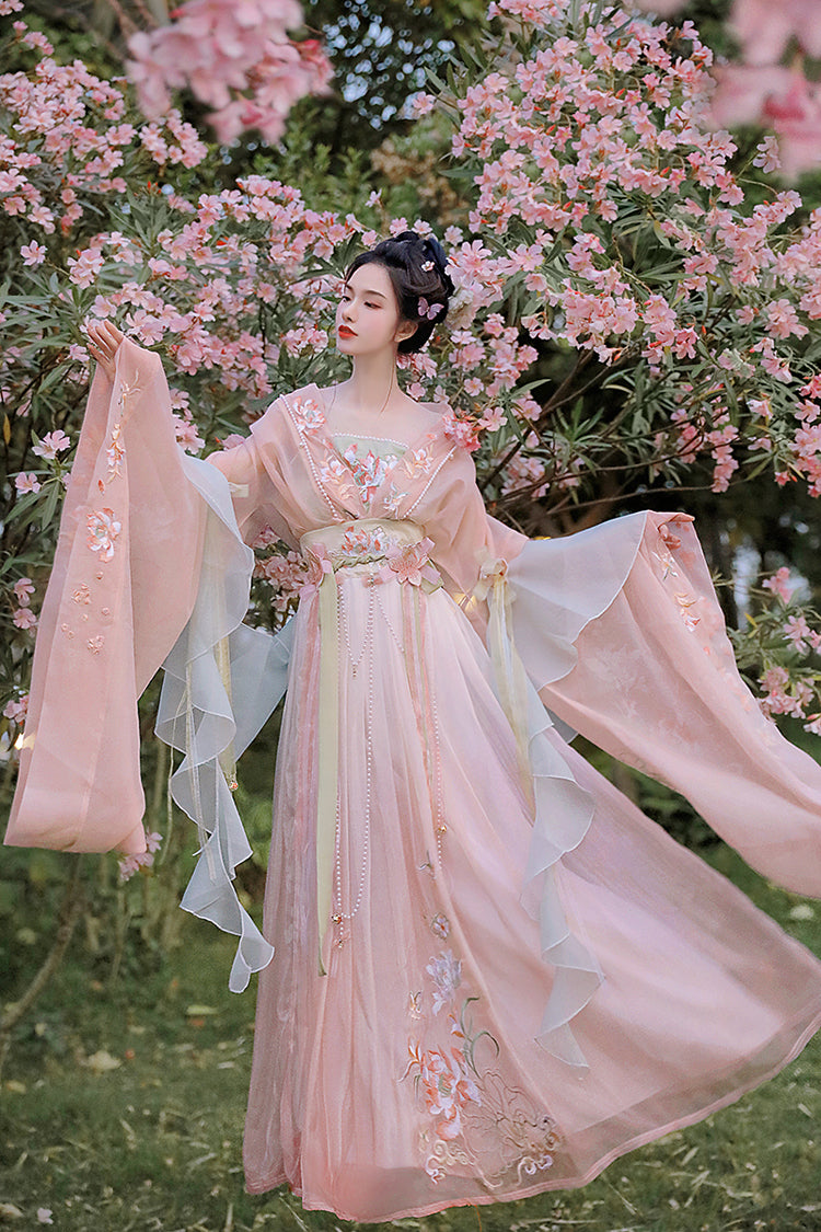 Gorgeous Embroidery With Pearl Accessories Women's Sweet Hanfu Dress Full Set 3 Colors - Pink - 3