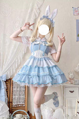 Blue/White [Cotton Cloud] Lapel Collar Ruffle Bowknot Lace-Up Sweet Lolita Jsk Dress - Blue/White - 1