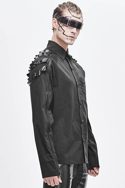 Black Long Sleeve Shoulder Zipper Mens Punk Blouse - Product - 2