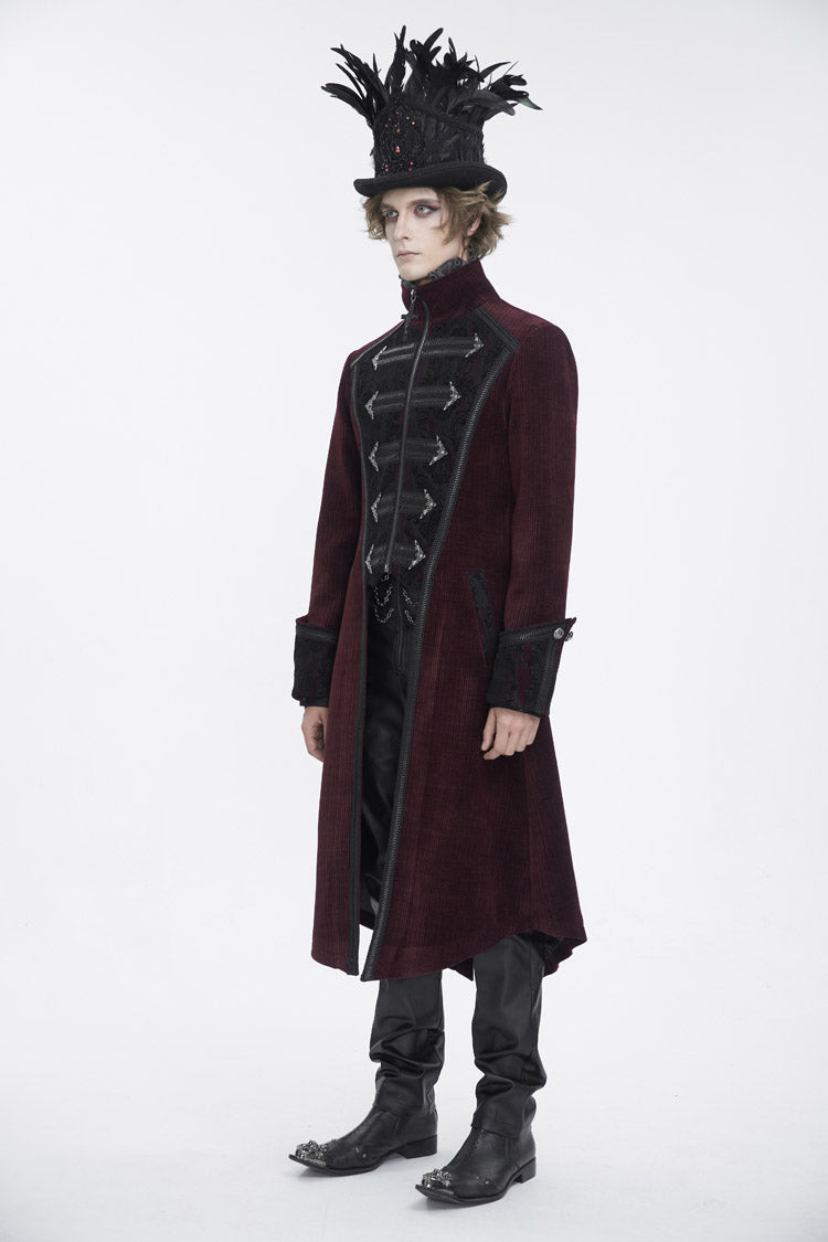 Red Stand Collar Long Sleeves Embroidery Slim Men's Gothic Coat - Product - 3