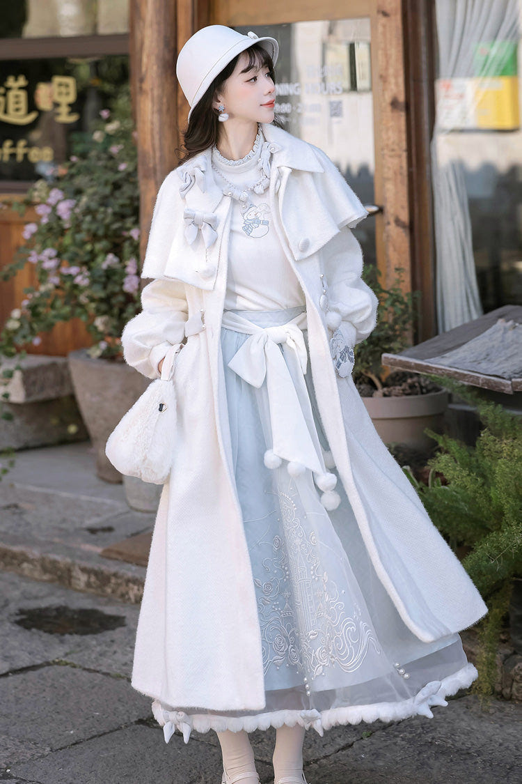 White/Blue [Sunny Sky Snow Doll] Long Sleeves Embroidered Bow Sweet Elegant Lolita Skirt Coat Set - Product - 12