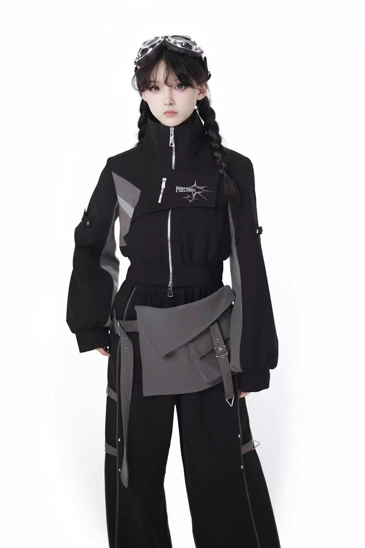 Black [Holographic Cruise] Techwear Long Sleeves Spliced Zippered Gothic Jirai Kei Pants and Short Coat Set - Black(Set) - 1