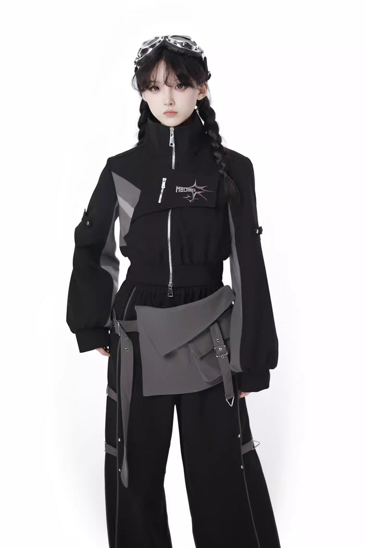 Black [Holographic Cruise] Techwear Long Sleeves Spliced Zippered Gothic Jirai Kei Pants and Short Coat Set - Black(Set) - 1