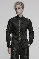 Black Lapel Collar Long Sleeves Stitching Mesh Men's Punk Blouse - Black - 1
