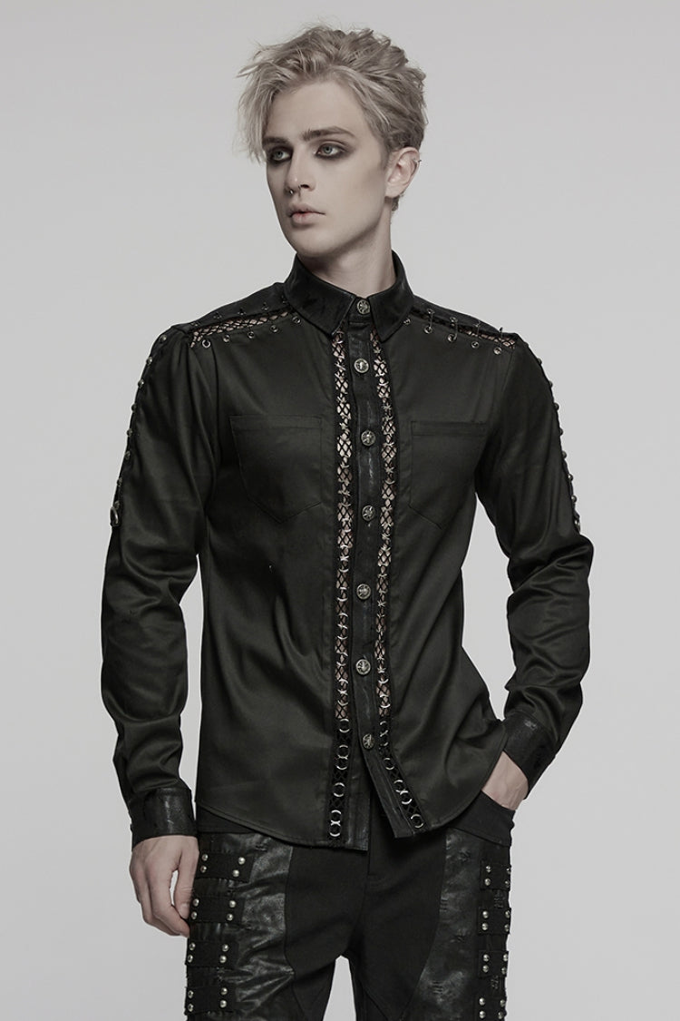 Black Lapel Collar Long Sleeves Stitching Mesh Men's Punk Blouse - Black - 1