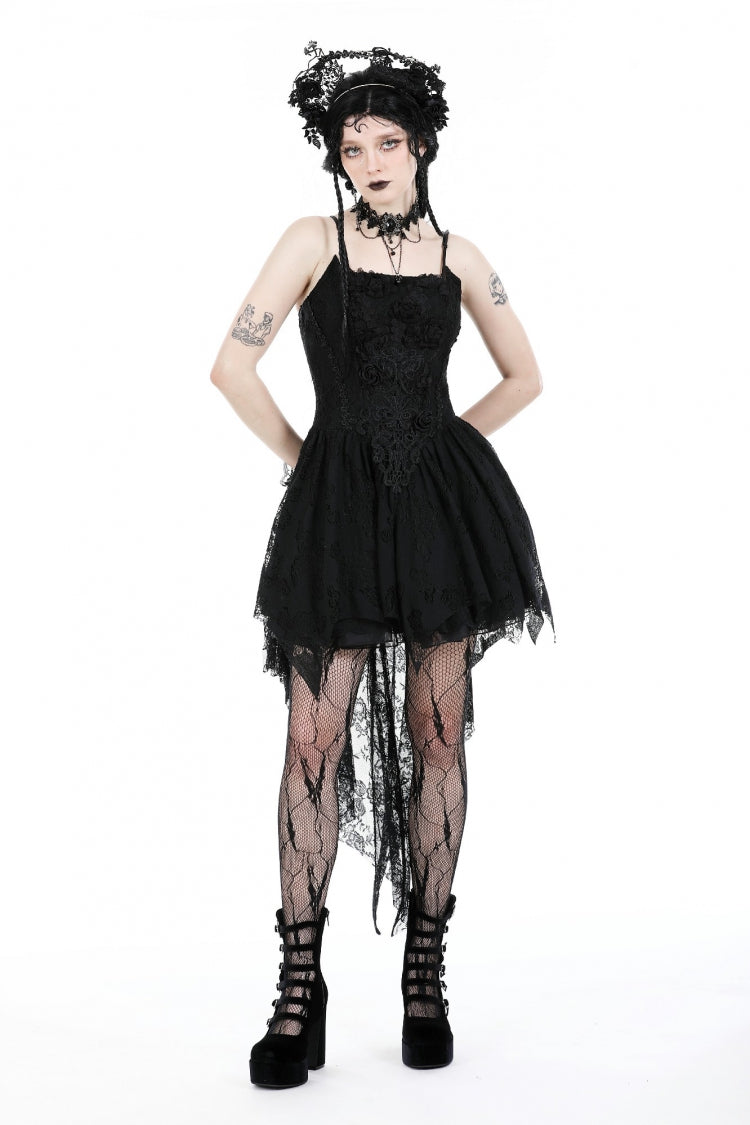 Black Sleeveless Rose Lace Lace-Up Women's Gothic High Low Dovetail Slip Wedding Dress - Product - 6