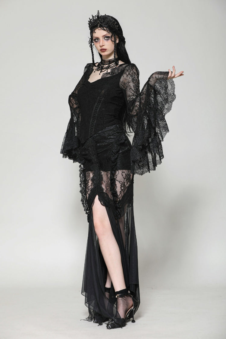 Black Women's Gothic V Collar Long Flared Sleeves Lace Patchwork Blouse - Product - 6