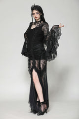 Black Women's Gothic V Collar Long Flared Sleeves Lace Patchwork Blouse - Product - 6
