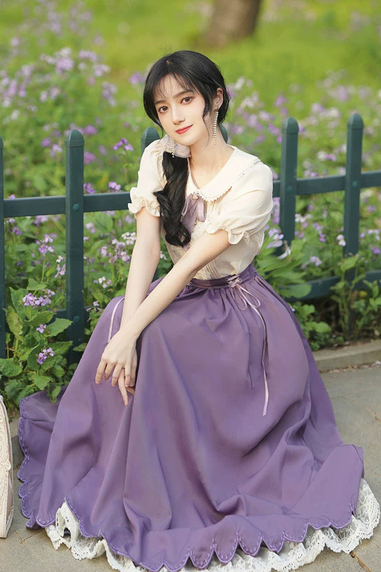Solid Color Lapel Collar Short Sleeves High Waisted Lace-Up Wave Hem Classic Lolita Two-Piece Skirt Set 7 Colors - Product - 3