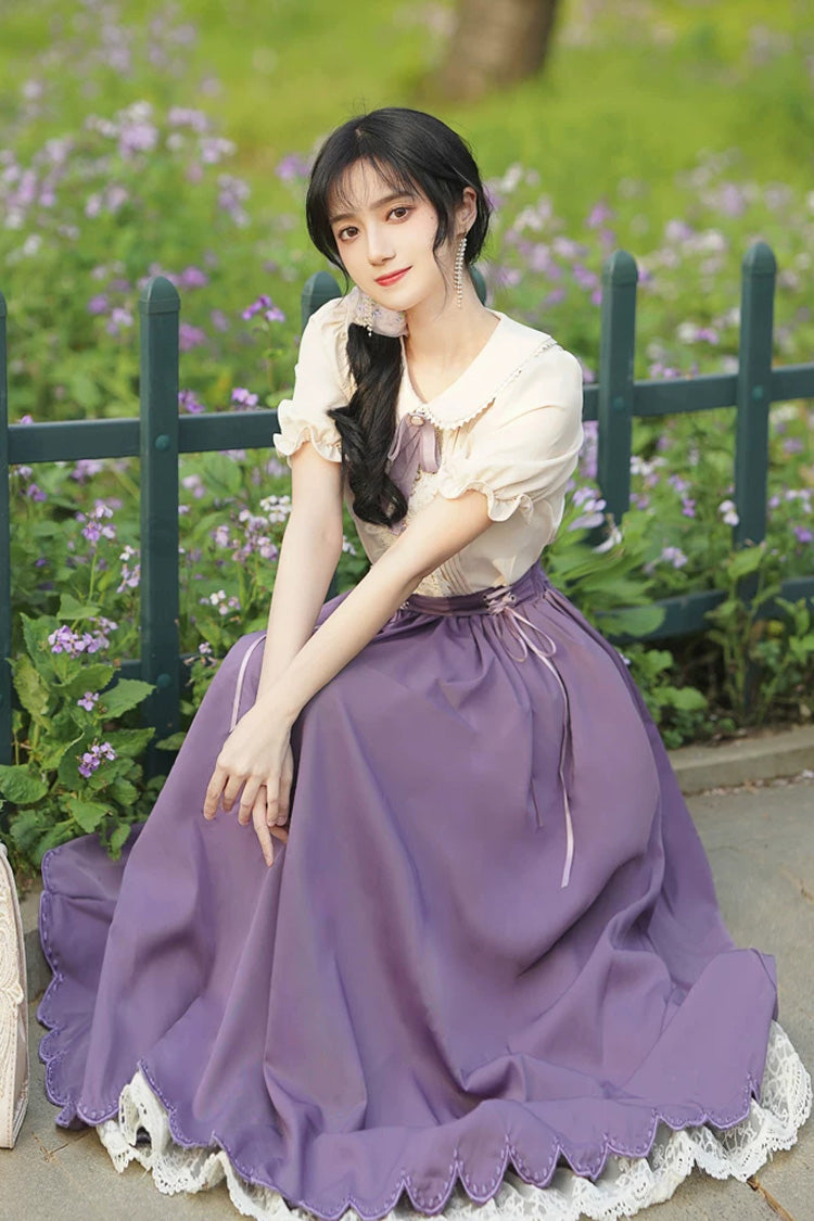 Solid Color Lapel Collar Short Sleeves High Waisted Lace-Up Wave Hem Classic Lolita Two-Piece Skirt Set 7 Colors - Product - 3