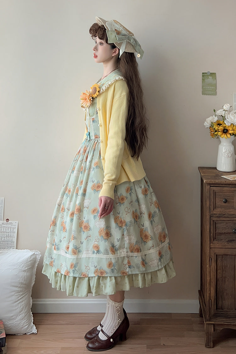 Green [Gardening Sunflower] Sleeveless Print Ruffle Bowknot Sweet Elegant Uplift Lolita Jsk Dress - Product - 7