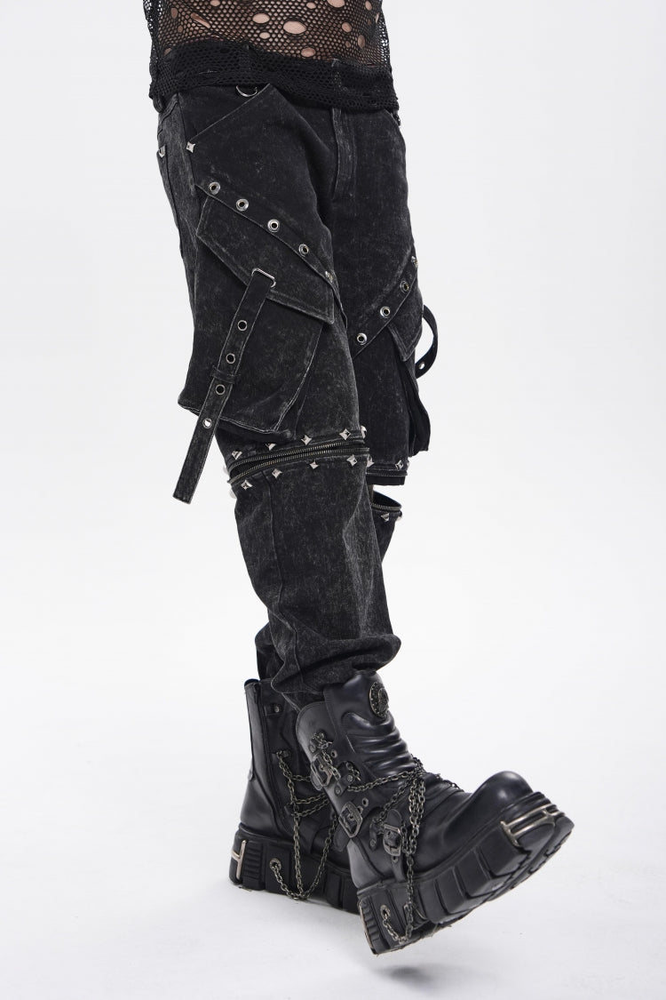 Black Spliced Detachable Studded Eyelet Men's Punk Cool Pants With Big Pockets - Product - 11